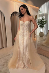 Lace Mermaid Prom Dress with Detachable Overskirt and Corset Bodice