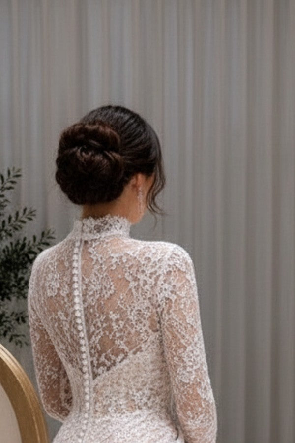 Lace Mermaid Prom Dress with High Neck and Long Sleeves