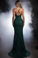 Lace Mermaid Prom Dress with Plunging V Neck and Crisscross Straps