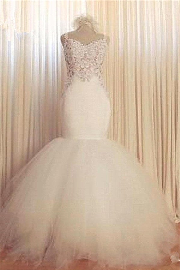 Lace Mermaid Tulle Wedding Gowns Open Back Sleeveless Sexy Bride Dresses Online