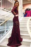 Lace Middle-neck Sweep-train Prom Dresses | Long-sleeves Elegant Mermaid Dresses