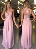 Lace Pink Sleeveless Chiffon Evening Dresses A-Line Long V-Neck Prom Dresses