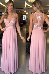 Lace Pink Sleeveless Chiffon Evening Dresses A-Line Long V-Neck Prom Dresses
