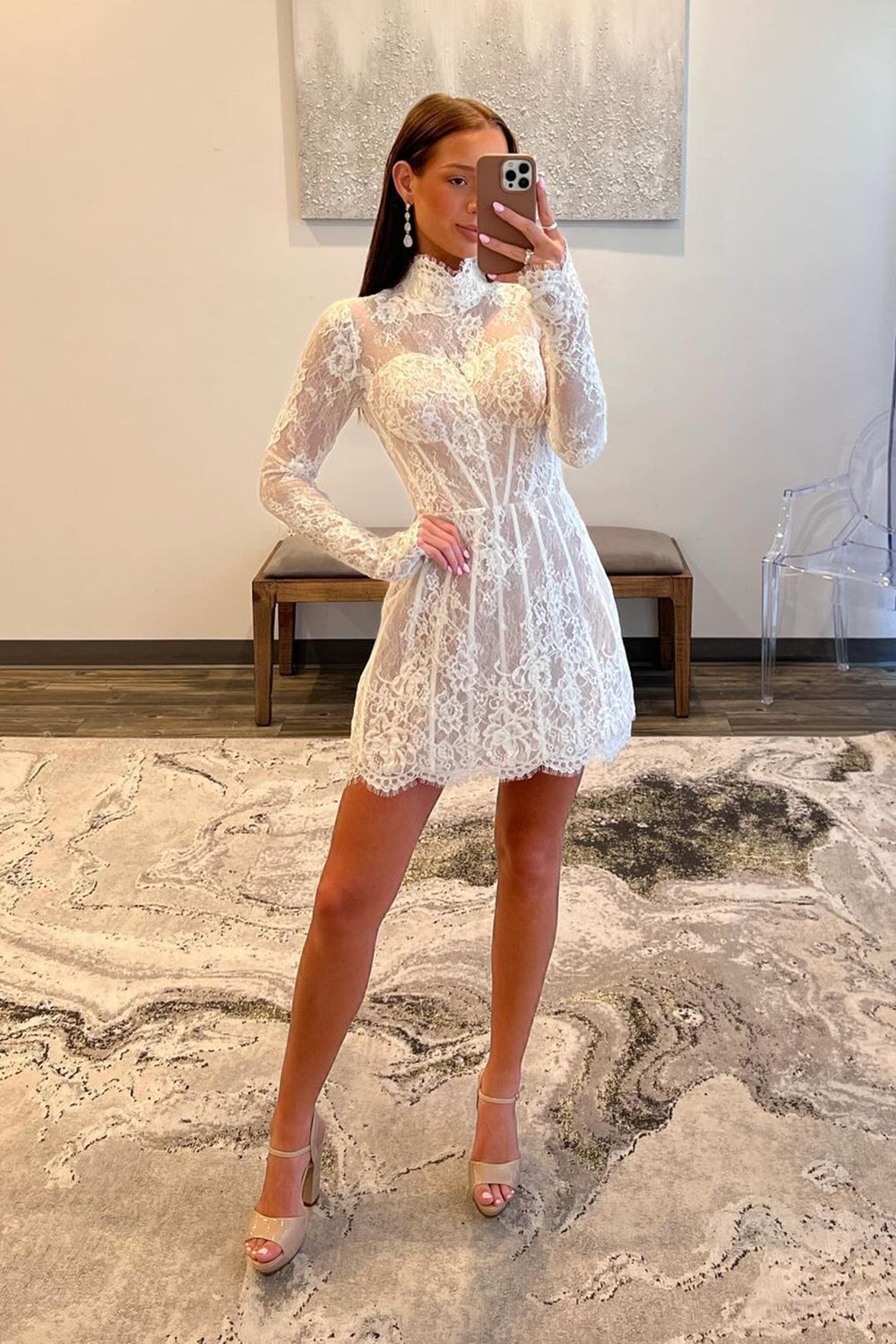 Lace Short Beach Wedding Dress Long Sleeve A Line Homecoming Dress