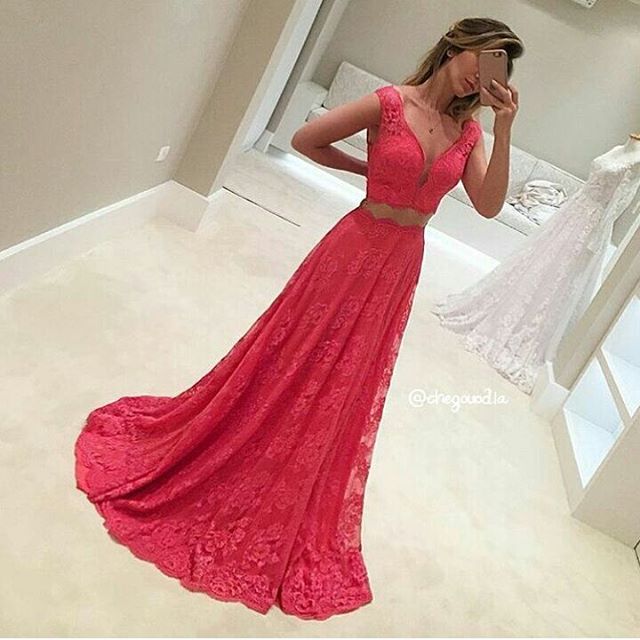 Lace Sleeveless Red Two-Piece V-Neck Long Mermaid Prom Dresses BA8080