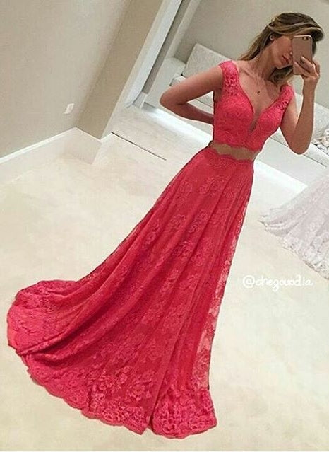 Lace Sleeveless Red Two-Piece V-Neck Long Mermaid Prom Dresses BA8080