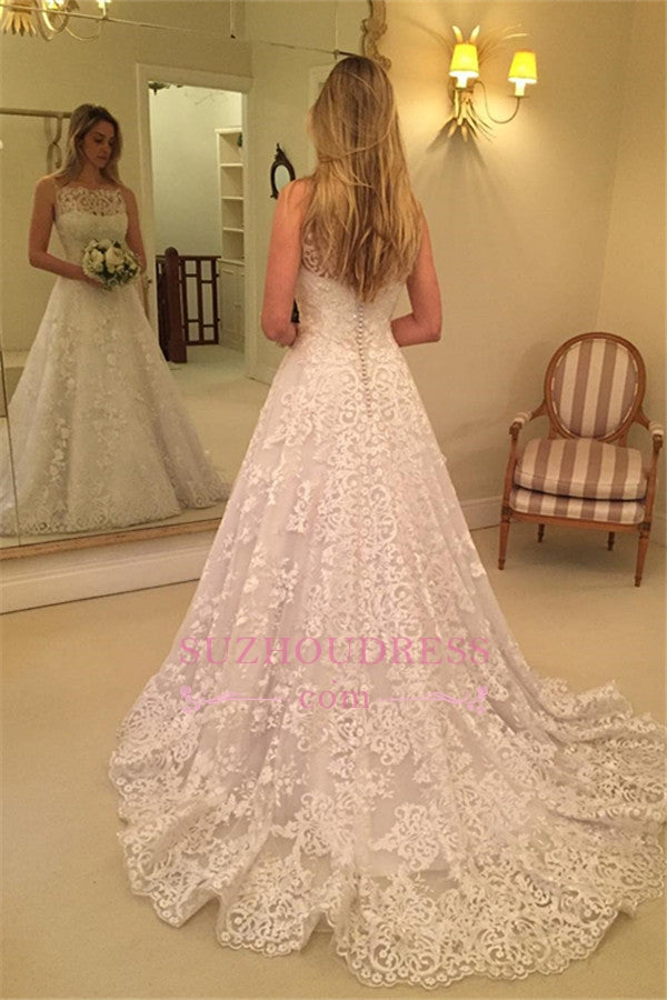 Lace Spaghetti-Straps Wedding Dress | Sweep-Train Sleeveless Bridal Gows with Buttons