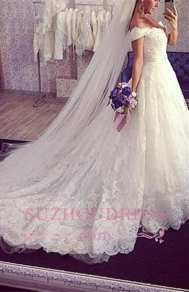 Lace Tulle Delicate Ball-Gown Off-the-shoulder Train Wedding Dress