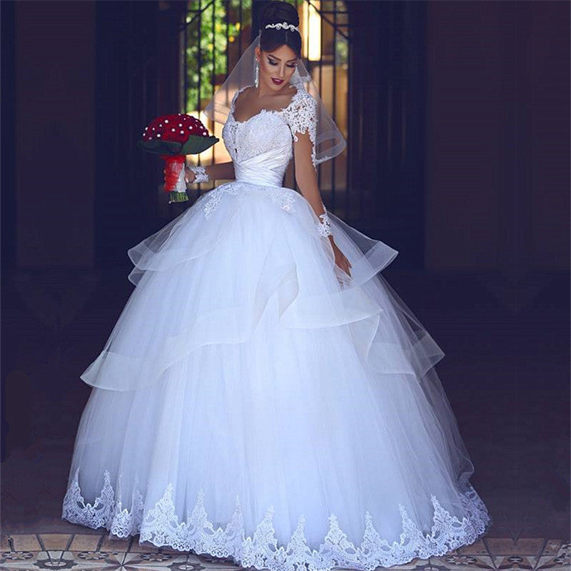 Lace Tulle Puffy Wedding Dresses Long Sleeves | Sheer Tulle Ball Gown Bridal Gowns Lace Tulle Puffy Wedding Dresses Long Sleeves | Sheer Tulle Ball Gown Bridal Gowns