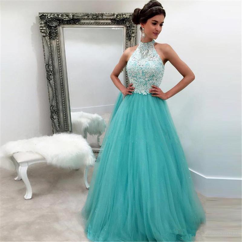Lace Tulle Sleeveless High-Neck A-line Elegant Evening Dress BA4825