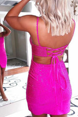 Lace-Up Back Sequin Fuchsia Homecoming Dresses Tight Short Cocktail Dresses