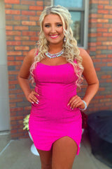 Lace-Up Back Sequin Fuchsia Homecoming Dresses Tight Short Cocktail Dresses