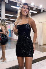 Lace-Up Black Homecoming Dresses Sequin Spaghetti Straps Tight Short Cocktail Dresses