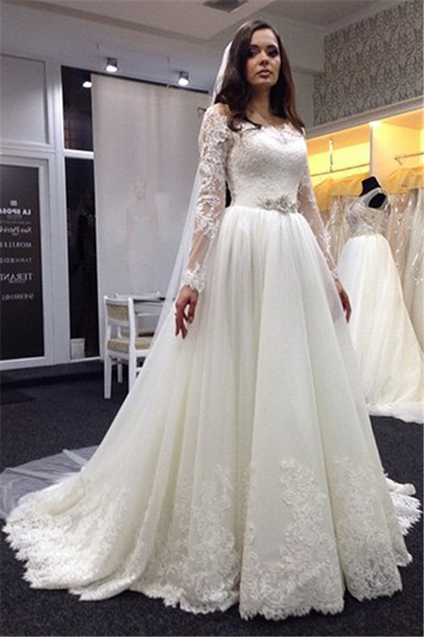 Lace Vestidos De Noiva Plus Size Wedding Dresses Long Sleeve Scoop Neck Bridal Gown with White Veil