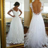 Lace Wedding Dresses Straps Cap Sleeve Appliques A Line Sweep Train White Open Back Bridal Gowns