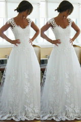 Lace Wedding Dresses Straps Cap Sleeve Appliques A Line Sweep Train White Open Back Bridal Gowns