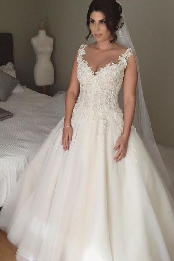 Latest A-line Lace Applique Bridal Gown Open Back Sleeveless Court Train Wedding Dress JT116