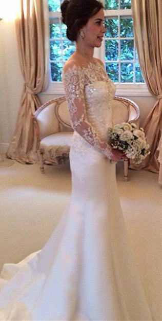 Latest Bateau Long Sleeve Satin Bridal Gowns Formal Lace Bowknot Beadings Long Wedding Dress