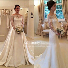 Latest Bateau Long Sleeve Satin Bridal Gowns Formal Lace Bowknot Beadings Long Wedding Dress
