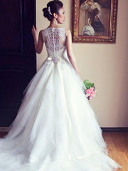Latest Crystal White Tulle Wedding Dress with Beadings Court Train Lace Formal Bridal Gown