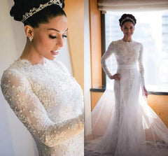 Latest High Collar Long Sleeve Wedding Dress with Beadings Lace Sweep Train Bridal Gown