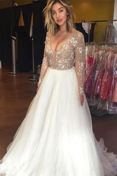 Latest Long Sleeve Beading Prom Dresses Sexy Lace Applique Evening Gowns