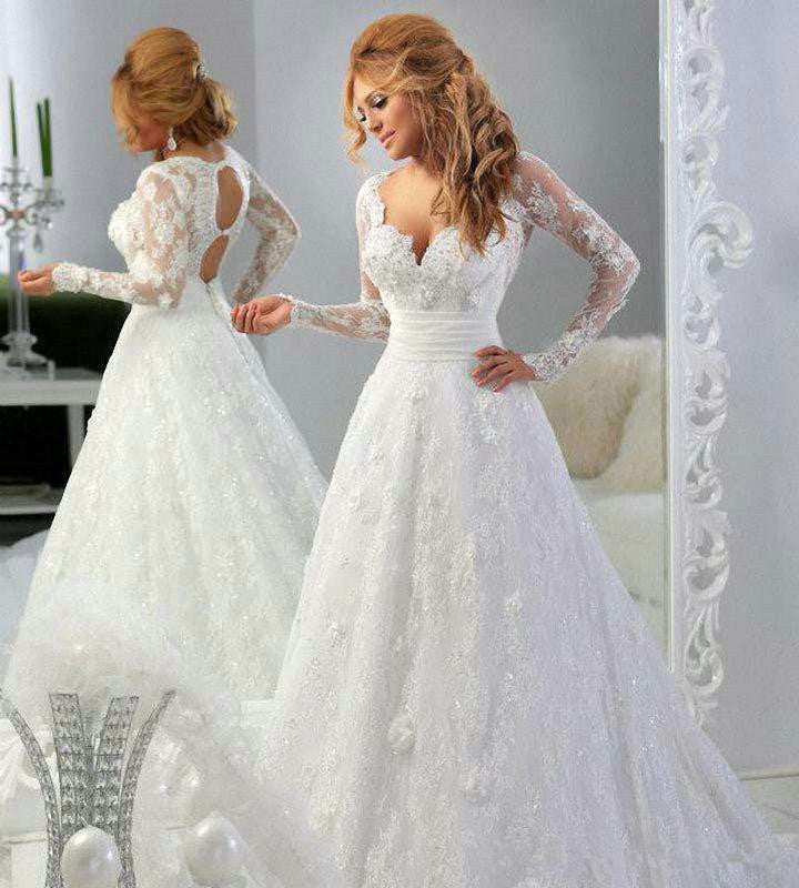 Latest Long Sleeve Empire Lace Bridal Dress A-Line Halter Empire Plus Size Wedding Gowns | Suzhoufashion Latest Long Sleeve Empire Lace Bridal Dress A-Line Halter Empire Plus Size Wedding Gowns | Suzhoufashion
