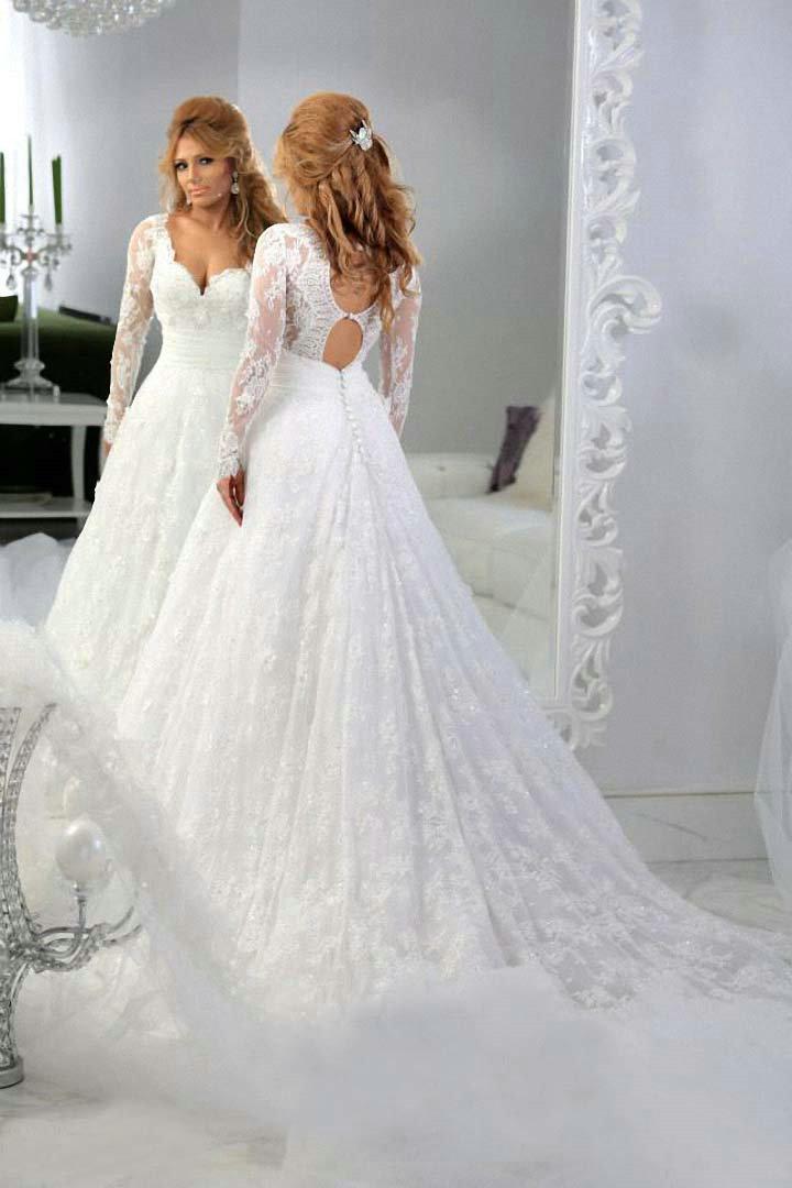 Latest Long Sleeve Empire Lace Bridal Dress A-Line Halter Empire Plus Size Wedding Gowns