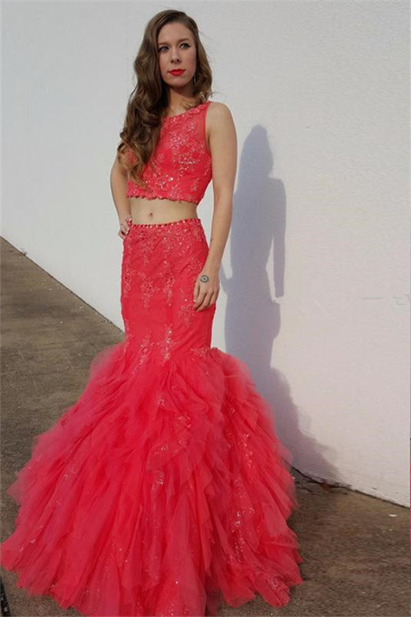 Latest Mermaid Two Piece Prom Dresses Sexy Lace Open Back Evening Gowns