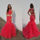 Latest Mermaid Two Piece Prom Dresses Sexy Lace Open Back Evening Gowns