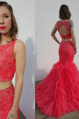 Latest Mermaid Two Piece Prom Dresses Sexy Lace Open Back Evening Gowns
