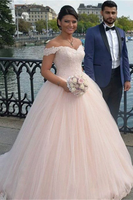 Latest Off Shoulder Ball Gown Princess Dress Tulle Lace Applique Wedding Dress