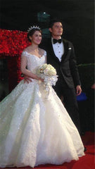 Latest Off Shoulder White Ball Gown Wedding Dress Popular Lace Court Train Bridal Gowns