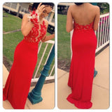 Latest Sexy Red Evening Dresses Backless Sheer Lace Prom Gowns