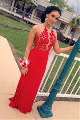 Latest Sexy Red Evening Dresses Backless Sheer Lace Prom Gowns