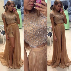 Latest Short Sleeve Beading Evening Gown Two Piece Crystal Prom Dress with Detachable Train