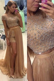 Latest Short Sleeve Beading Evening Gown Two Piece Crystal Prom Dress with Detachable Train