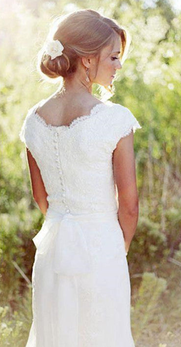 Latest Simple V-Neck White Lace Wedding Gowns Chiffon Short Sleeve Plus Size Beach Bridal Dress