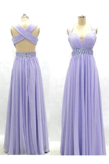 Lavender Empire Chiffon Long Prom Dress Crystal Ruffles Cross Back Formal Occasion Dress