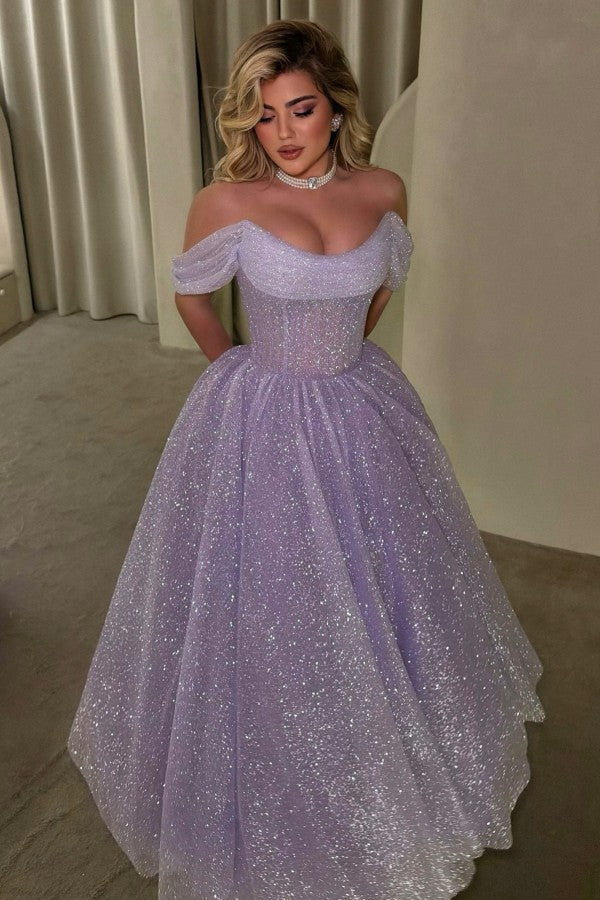 Lavender Glitter Tulle A Line Prom Dress with Sheer Corset Bodice