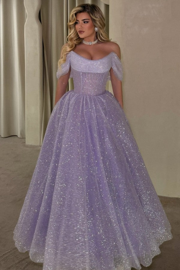 Lavender Glitter Tulle A Line Prom Dress with Sheer Corset Bodice