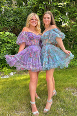 Lavender Homecoming Dress Floral A-Line Short Prom Dress