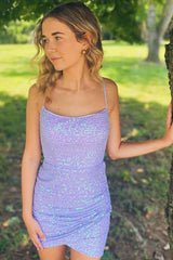 Lavender Homecoming Dresses Sequin Lace-Up Back Tight Short Cocktail Dresses