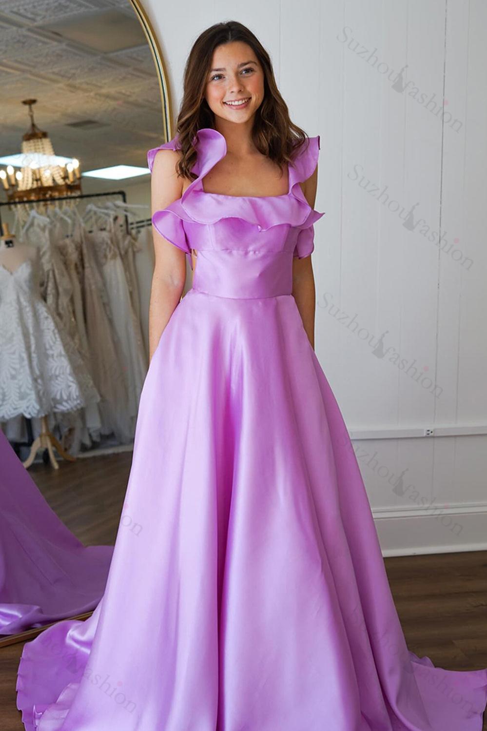 Suzhoufashion Lavender Prom Dress Square Neck A Line Formal Dress With Ruffled Sleeves suzhoufashion Suzhoufashion Lavender Prom Dress Square Neck A Line Formal Dress With Ruffled Sleeves suzhoufashion