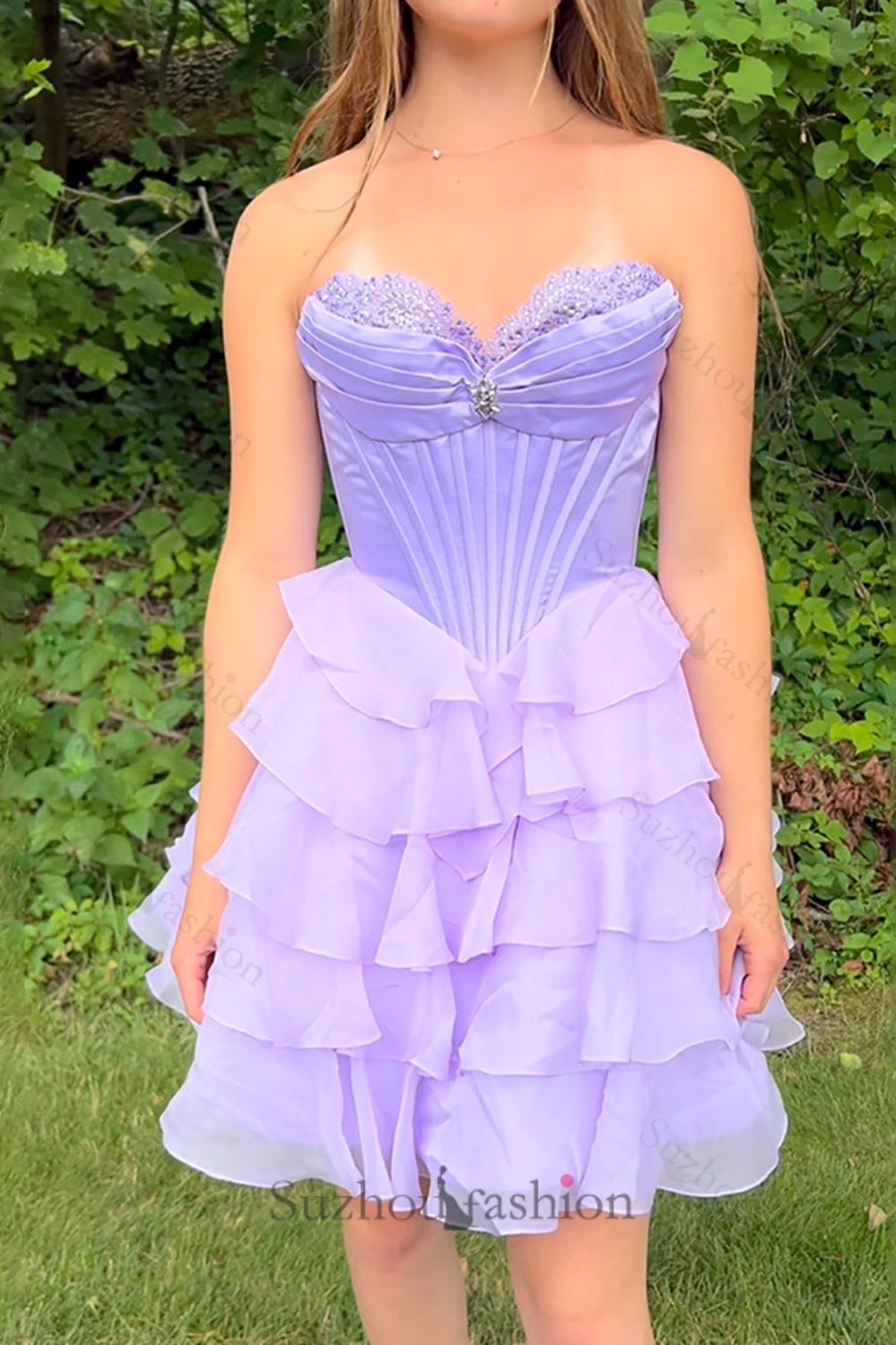 Lavender Tiered Homecoming Dresses Short Corset Cocktail Dresses With Beading