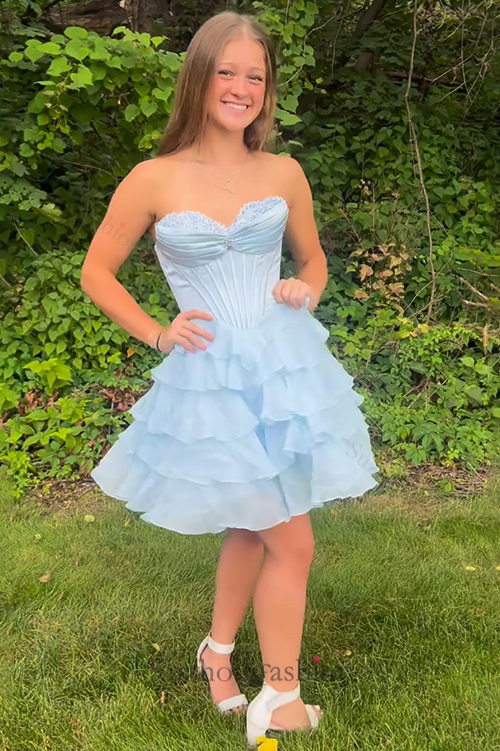 Lavender Tiered Homecoming Dresses Short Corset Cocktail Dresses With Beading