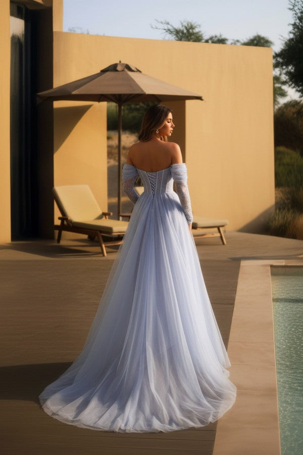 Lavender Tulle A Line Prom Dress with Lace Long Sleeves and Corset Bodice