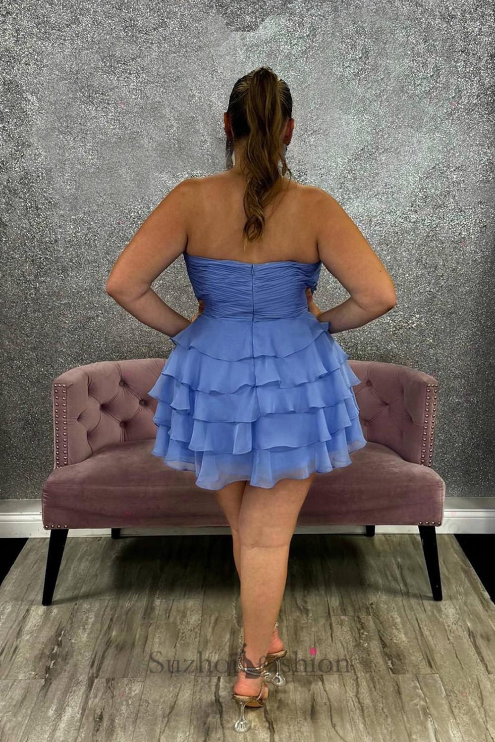 Light Blue A Line Homecoming Dresses Tulle Sweetheart Tiered Cocktail Dresses