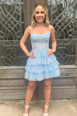 Light Blue Homecoming Dress Corset Strapless A-Line Tiered Short Prom Dress