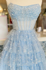 Light Blue Homecoming Dress Corset Strapless A-Line Tiered Short Prom Dress